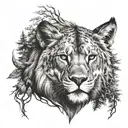 Tattoo on the chest, a roaring lion on one pectoral and on the other a wolf held by trees tattoo design idea