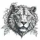 Tattoo on the chest, a roaring lion on one pectoral and on the other a wolf held by trees tattoo design idea