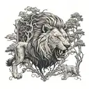 Tattoo on the chest, a roaring lion on one pectoral and on the other a wolf held by trees tattoo design idea