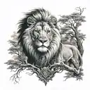 Tattoo on the chest, a roaring lion on one pectoral and on the other a wolf held by trees tattoo design idea