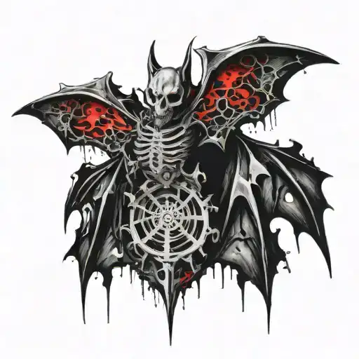 Design a bat with an exposed skeleton, with its ribcage open to reveal a heart inside. The heart should have organic, an tattoo design idea