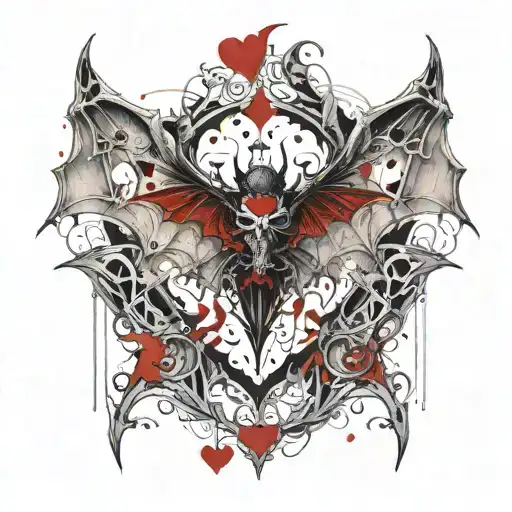 Design a bat with an exposed skeleton, with its ribcage open to reveal a heart inside. The heart should have organic, an tattoo design idea