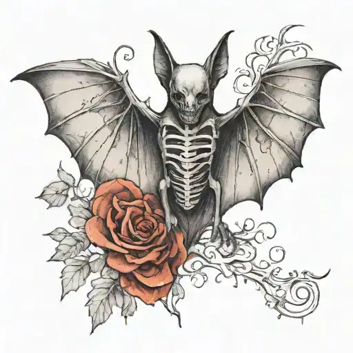 Design a bat with an exposed skeleton, with its ribcage open to reveal a heart inside. The heart should have organic, an tattoo design idea
