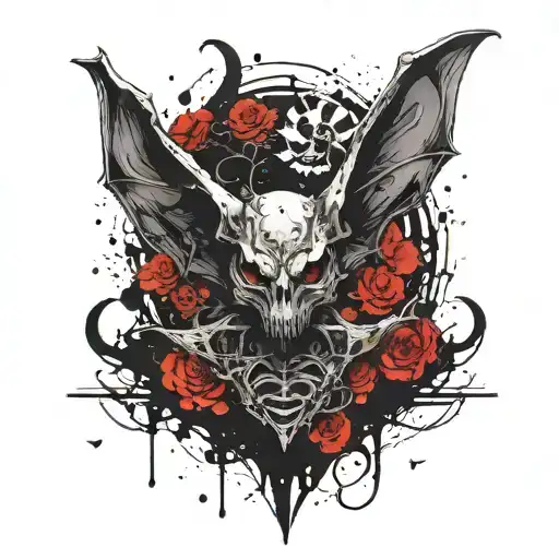Design a bat with an exposed skeleton, with its ribcage open to reveal a heart inside. The heart should have organic, an tattoo design idea