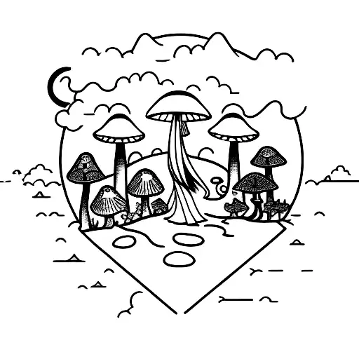 small ankle tattoo of a woman walking in nature. include a cat, mushroom, and trees tattoo design idea