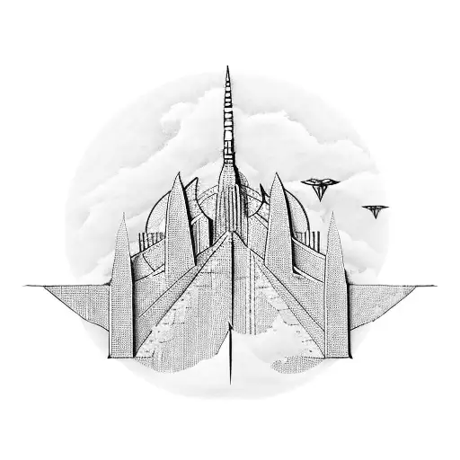 A blackwork tattoo of a paper airplane flying over iconic landmarks from Switzerland, Spain, and Mexico tattoo design idea
