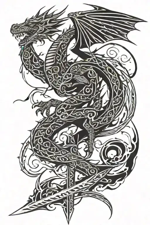 tribal dragon wrapped around a large winged sword tattoo design idea