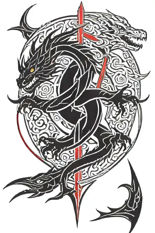 2 black dragons with some red lines, both crossing each other in the middle of a sword right in the middle of the column tattoo design idea