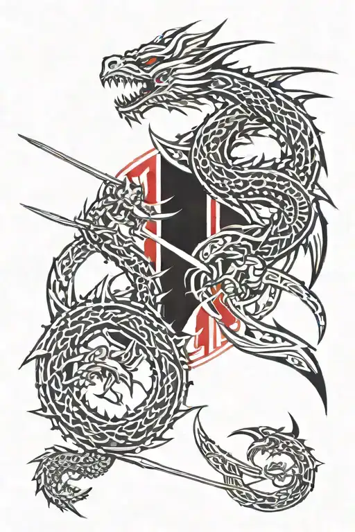 2 black dragons with some red lines, both crossing in the middle of a sword tattoo design idea