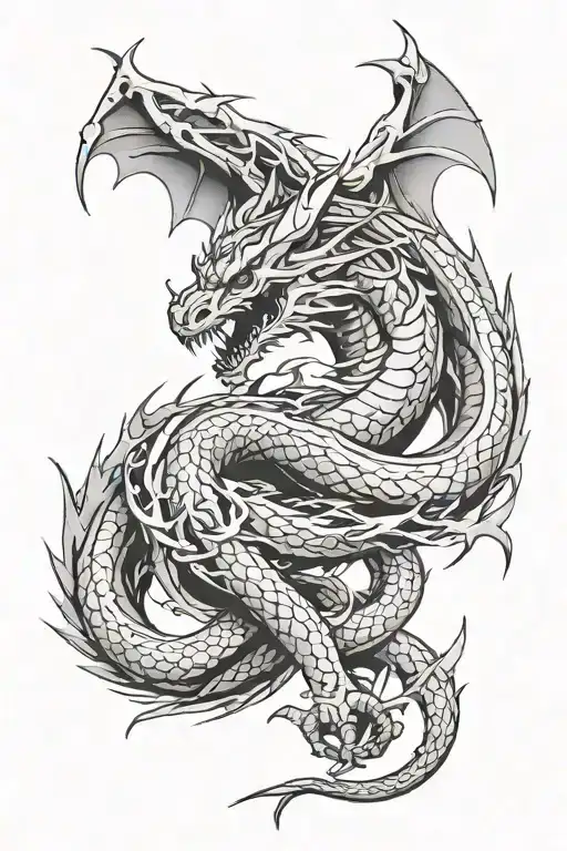 giant winged dragon with a sword from the middle down, with the dragon wrapping around the sword tattoo design idea