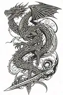 tribal dragon wrapped around a large winged sword tattoo design idea
