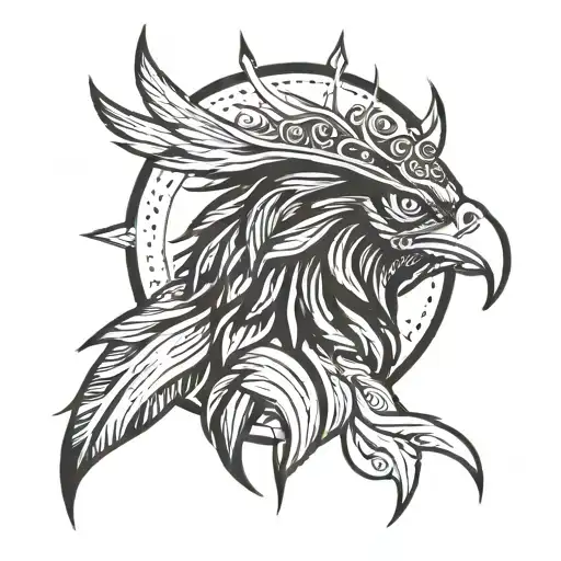 A Phoenix head facing front, with a king's crown on the head in a background that  represents  time tattoo design idea