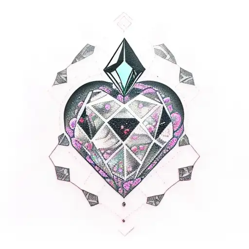 Upper Arm tattoo design, a realistic 5D crystal heart gem, kawaii background, hyper detailed, tattoo concept, ink art, h tattoo design idea