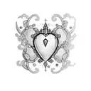 Upper Arm tattoo design, a realistic 5D crystal heart gem, kawaii background, hyper detailed, tattoo concept, ink art, h tattoo design idea