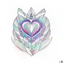 Upper Arm tattoo design, a realistic 5D crystal heart gem, kawaii background, hyper detailed, tattoo concept, ink art, h tattoo design idea