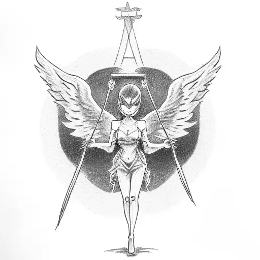 angel fighting demon atop a floating boat for over a battlefield tattoo design idea