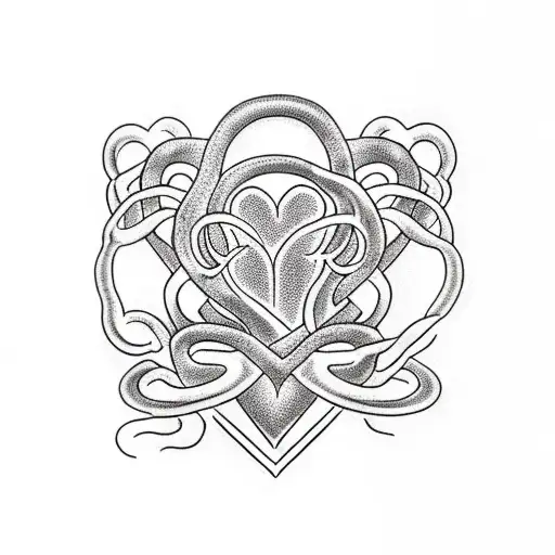 A dotwork tattoo of a snake and heart entwined with romantic script tattoo design idea