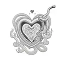A dotwork tattoo of a snake and heart entwined with romantic script tattoo design idea