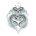 A dotwork tattoo of a snake and heart entwined with romantic script tattoo design idea