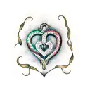 A dotwork tattoo of a snake and heart entwined with romantic script tattoo design idea