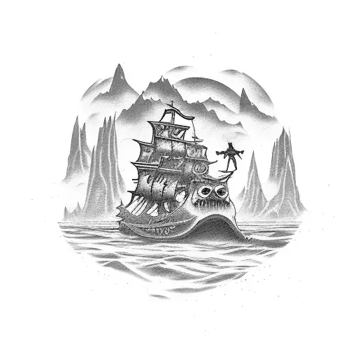 Nico Robin and Stitch dressed as pirates exploring a mysterious island tattoo design idea