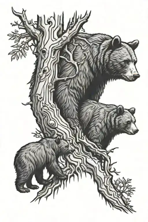 bear in front of tree with cubs climbing the tree growing tattoo design idea
