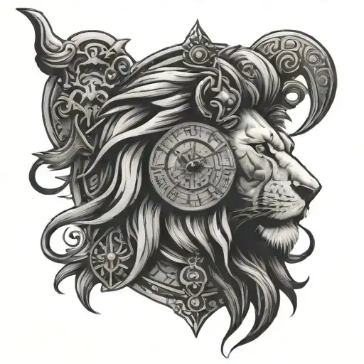 lion head clock gladiator stands tattoo design idea