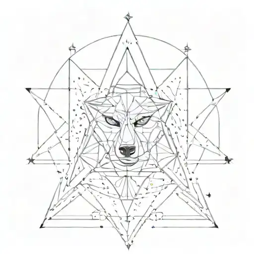 A sketch style tattoo of a Gemini constellation with an all-seeing eye in the center, surrounded by geometric triangles and a wolf silhouette tattoo design idea