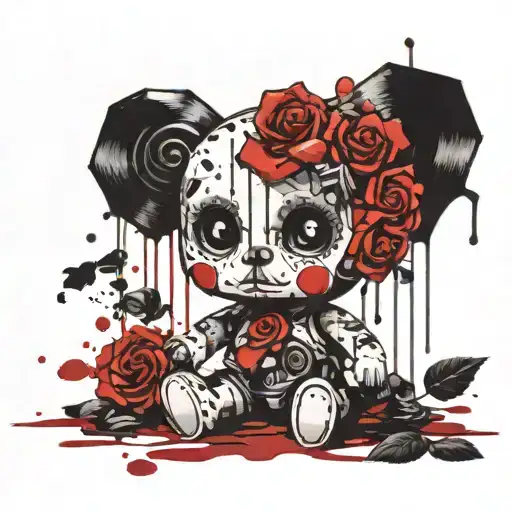 A new-school interpretation of childhood trauma represented by a broken toy surrounded by black and red roses tattoo design idea