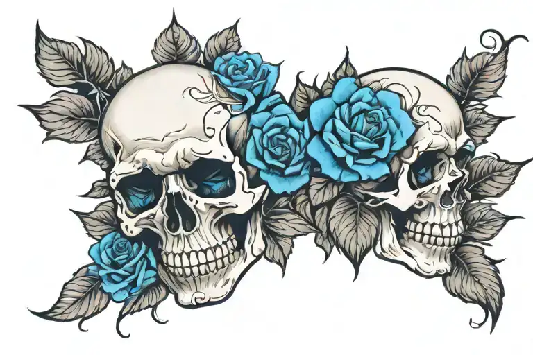 1 black and white skull with blue roses on the left and right tattoo design idea