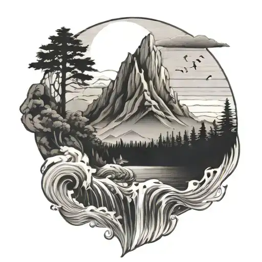 3 person tattoo moutain, forest and ocean waves tattoo design idea