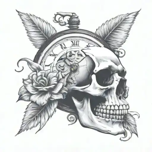 left half skull and right half a clock face with the hands pointing to 5:25.  tattoo design idea