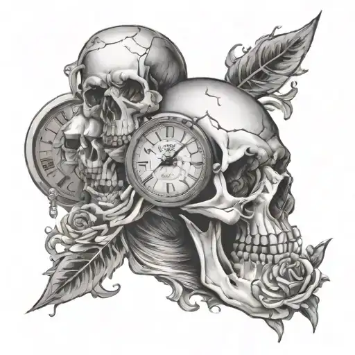 left half skull and right half a clock face with the hands pointing to 5:25.  tattoo design idea
