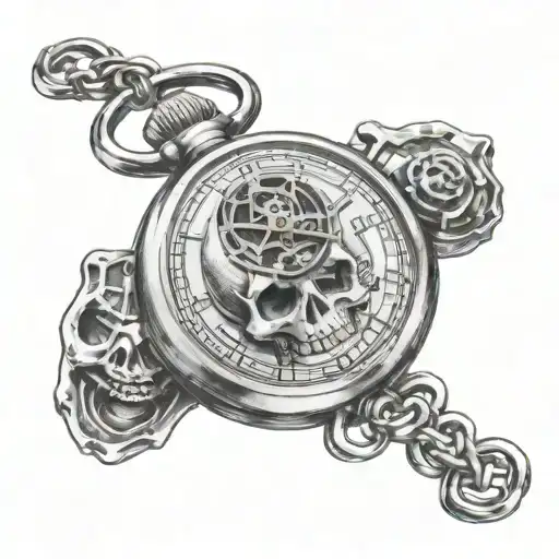 left half skull and right half steampunk pocket watch with the watch hands pointing to 5:25.  tattoo design idea