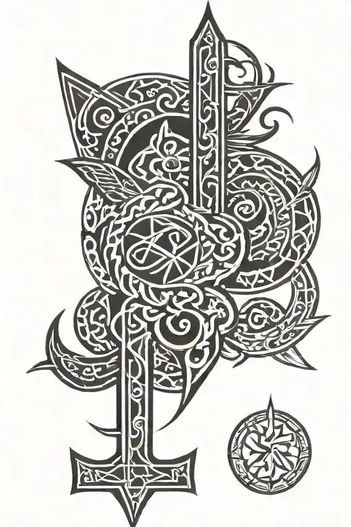 rune of love, rune of strength, rune of loyalty, Rune of angelic power, all four in a vertical line  tattoo design idea