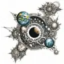 space, fractals, planets, other forms of life intertwined tattoo design idea