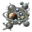 space, fractals, planets, other forms of life intertwined tattoo design idea