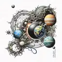 space, fractals, planets, other forms of life intertwined tattoo design idea