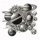 space, fractals, planets, other forms of life intertwined tattoo design idea