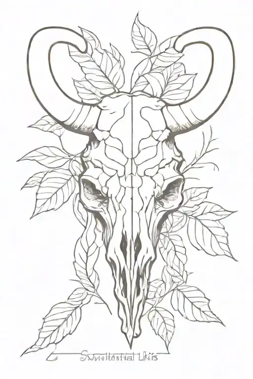 symmetrical rams skull with bay leaves in the background tattoo design idea