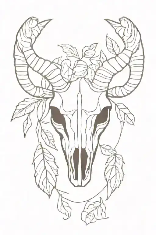 symmetrical rams skull with leaves in the background tattoo design idea
