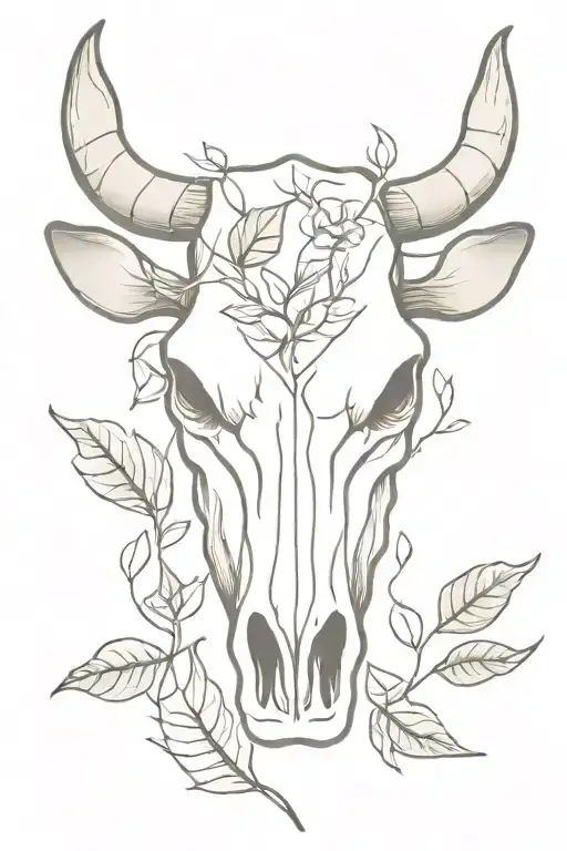 cow skull with leaves intertwined tattoo design idea