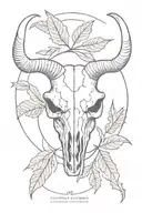 symmetrical rams skull with bay leaves in the background tattoo design idea