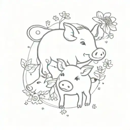 small mouse, pig and cow. surrounded by small flowers and stars in a floral wreath. fine line realistic  tattoo design idea