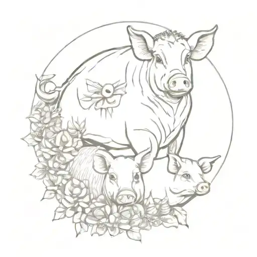 pig, cow and rat with floral wreath, fine line, not cartoon style  tattoo design idea