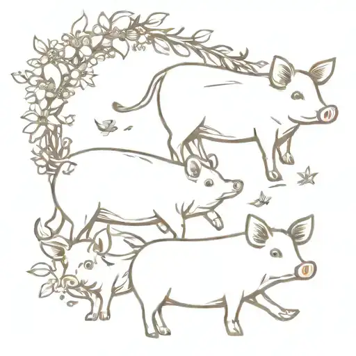 small mouse next to a pig and a cow. surrounded by small flowers and stars in a floral wreath. fine line realistic  tattoo design idea
