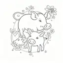 small mouse, pig and cow. surrounded by small flowers and stars in a floral wreath. fine line realistic  tattoo design idea