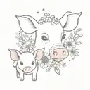 small mouse, pig and cow. surrounded by small flowers and stars in a floral wreath. fine line realistic  tattoo design idea