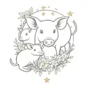 small mouse, pig and cow. surrounded by small flowers and stars in a floral wreath. fine line realistic  tattoo design idea