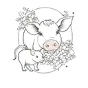 small mouse, pig and cow. surrounded by small flowers and stars in a floral wreath. fine line realistic  tattoo design idea